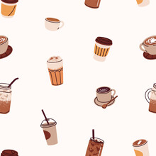 Coffee Cups And Glasses, Seamless Pattern Design. Caffeine Drinks, Repeating Print. Endless Background, Hot And Cold Cafe Beverages. Flat Vector Illustration For Textile, Wrapping, Wallpaper, Decor