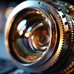 Aufkleber - A close-up photograph of a camera lens with a shallow depth of field, showcasing its intricate glass elements and precise construction. Generative AI technology.