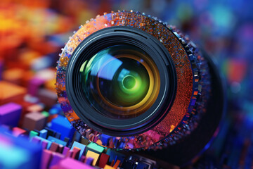 Aufkleber -  A close-up shot of a photographer's eye looking through the viewfinder of a camera with a prominent lens, symbolizing the creative vision and focus. Generative AI technology.
