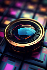 Aufkleber -  An abstract representation of a camera lens using geometric shapes and patterns, creating a visually intriguing and modern image.  Generative AI technology.
