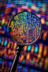Leinwandbilder -  A composite image of a magnifying glass zooming in on specific areas of a stock market chart, highlighting the importance of detailed analysis in decision-making.  Generative AI technology.