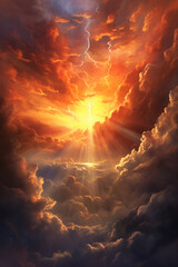 Poster -  An illustration of a rising sun breaking through storm clouds, symbolizing the triumph of hope over adversity and the promise of brighter days ahead. Generative AI technology.