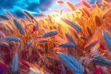 Poster -  A digitally manipulated image of a field of wheat ears in vibrant and surreal colors, creating a dreamlike and whimsical atmosphere.  Generative AI technology.