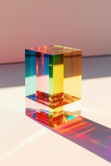 Poster - A minimalist photograph of sunlight passing through a glass prism, creating a spectrum of colors and representing the transformation and dispersion of clear energy. Generative AI technology.