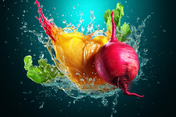 Aufkleber - An vibrant photograph of a Radish splashed in bright paint, symbolizing freshness and health.    Generative AI technology.