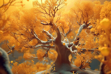 Poster - A dense bacterial colony with irregular edges and a pale yellowish coloration, resembling a branching tree structure.  Generative AI technology.