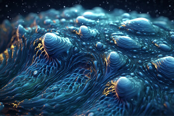 Poster - An elongated bacterial colony with a wavy pattern and a deep blue color, resembling a swirling wave. Generative AI technology.