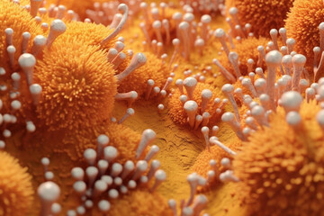 Poster - A clustered bacterial colony with irregular boundaries and a pale orange color, resembling a cluster of tiny spheres.  Generative AI technology.