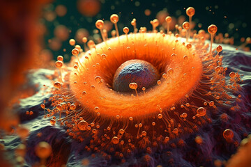 Poster - A bacterial colony with a circular shape and a bumpy surface, exhibiting a vibrant orange color.  Generative AI technology.