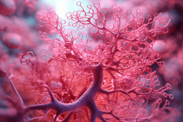 Poster - A spreading bacterial colony with intricate branching patterns, exhibiting a vibrant pink color. Generative AI technology.