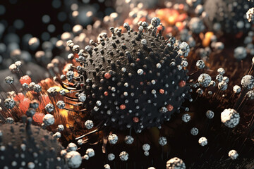 Poster - A clustered bacterial colony with a speckled appearance and irregular edges, displaying a mix of black and white colors.  Generative AI technology.