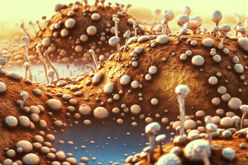 Poster - A large bacterial colony with a flat and irregular shape, featuring a mottled appearance in shades of brown and beige.  Generative AI technology.