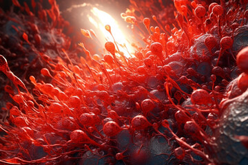 Poster - A clustered bacterial colony with interconnected filaments, forming a mesh-like structure, and featuring a bright red color. Generative AI technology.
