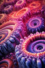 Poster - A spreading bacterial colony with intricate patterns of concentric rings, exhibiting a combination of pink and purple hues.  Generative AI technology.
