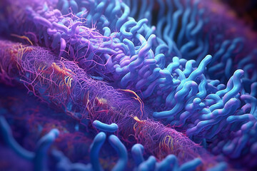 Poster - An elongated bacterial colony with intertwining strands, resembling a twisted rope, and exhibiting a mix of purple and blue colors.  Generative AI technology.