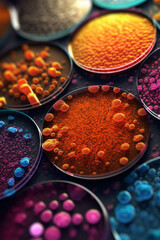 Poster - A close-up image of a petri dish revealing bacterial colonies with various textures, including smooth, rough, and wrinkled surfaces. Generative AI technology.