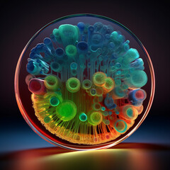 Poster - An agar plate with bacterial colonies displaying a gradient of colors, transitioning from dark blue to light green.  Generative AI technology.