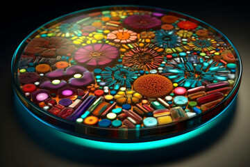 Poster - A petri dish with bacterial colonies forming a vibrant mosaic of colors, resembling a patchwork quilt.  Generative AI technology.