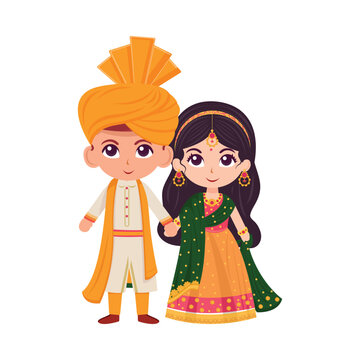 Cute Indian Wedding Couple Character Wearing Traditional Attire in Standing Pose.