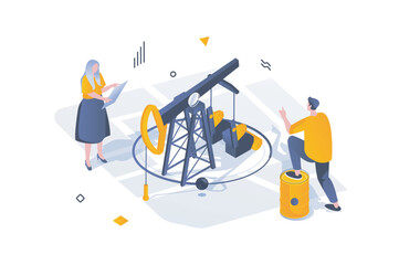 Aufkleber - Oil Industry concept in 3d isometric design. Engineers work at oil production plant, check and control pump for extraction at station. Vector illustration with isometric people scene for web graphic