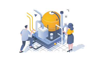 Fototapete - Oil Industry concept in 3d isometric design. Engineers working at oil refinery plant, check and control machinery infrastructure. Vector illustration with isometric people scene for web graphic