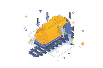 Poster - Oil Industry concept in 3d isometric design. Man working with tank railroad wagon for transporting petroleum and liquid products. Vector illustration with isometric people scene for web graphic