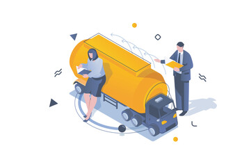 Poster - Oil Industry concept in 3d isometric design. Man and woman selling petroleum products using tanker truck for global transportation. Vector illustration with isometric people scene for web graphic