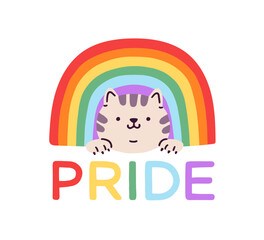 Wall Mural - Cute funny cat under LGBT rainbow, pride month lettering. Adorable nice LGBTQ kitty, feline animal. Multicolored arch and happy amusing kitten. Flat vector illustration isolated on white background