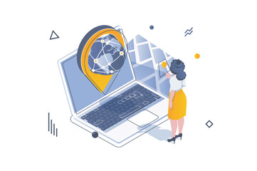 Fototapete - Transportation logistics concept in 3d isometric design. Woman working in global delivery company of export and import, cargo service. Vector illustration with isometric people scene for web graphic