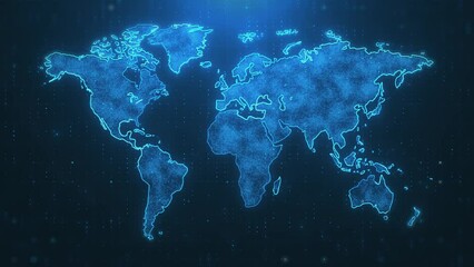 Wall Mural - Digital Technology World Map Animation. Glowing Connections in Global Blue World Map Loop with Visual Effects