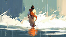 Colorful Painting Portrait Art Of Jesus Walking On The Water. Christian Illustration. Generative AI.