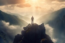 Man Standing On Top Of The Mountain And Looking Into The Distance,The Man Thank God On The Mountain.Generative Ai