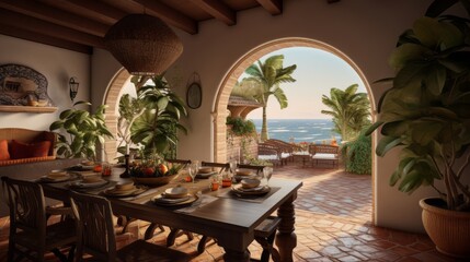 Wall Mural - Rustic yet elegant dining area in a Spanish-style villa, featuring a large wooden table, traditional Spanish decor, and glimpses of the ocean through arched windows. Generative Ai