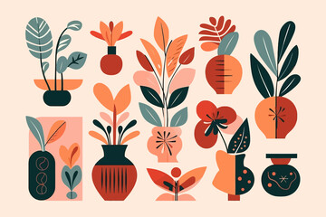 Wall Mural - set of abstract organic shapes inspired by matisse. collection of various blooming plants with stems