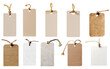 Blank Price gift label note sign tag with string. Many assorted different range types isolated on transparent background cutout. PNG file. 