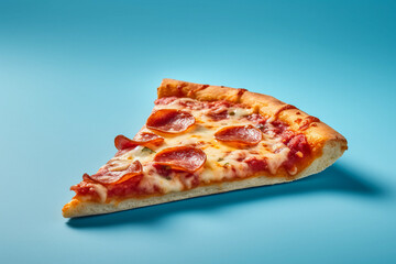 slice of tasty salami pizza, isolated on a blue background, created with generative ai