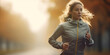 © JoelMasson - Young attractive athletic woman on early morning run. Female fitness banner. Generative AI illustration
