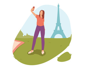 Lady holding mobile phone and taking selfie near showplace. Tourist in travel on vacation walking in interesting places. Sightseeing concept. Vector cartoon illustration in blue and green colors