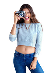 Wall Mural - Isolated woman, vintage photographer and camera in portrait, excited face and transparent png background. Girl, professional photography and retro tech for memory, smile and happiness for magazine