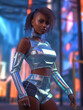 Sexy Fashion Model Frau in Hologramm Outfit mit Kulisse im Hntergrund, ai generativ