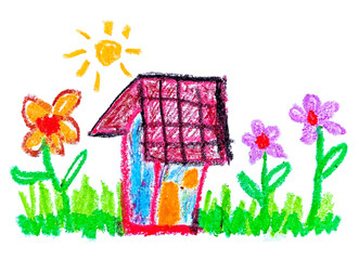 Cute children's drawing crayon illustration of house with flower in sunny day.