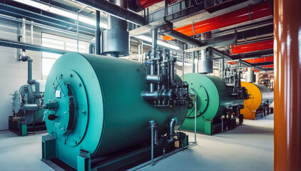 Wall Mural -  Interior of modern industrial boiler room - large metal tanks and pipes, heat generation industry concept. Generative AI