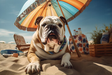 Happy French British bulldog in sunglasses sunbathing at seaside resort sea or ocean water under big rainbow colourful umbrella. Vacation rest in hot country beach concept. Generative AI Technology