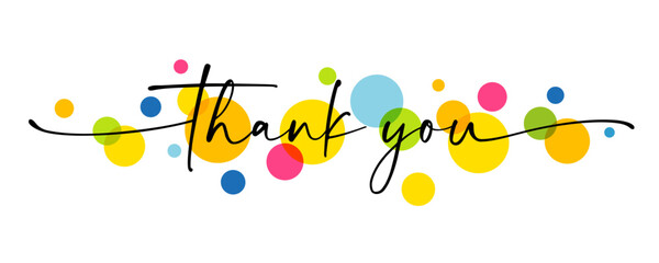thank you text handwritten with swirl ribbons and colored circles. vector phrase design for card or 