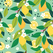 Tropical seamless pattern with yellow lemons, lemon flowers and green leaves. Vector illustration for fabric or wallpaper.