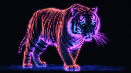 Wall Mural - Illustration of a tiger traced in neon lights - created using generative AI tools