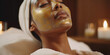 © Elena - Lifestyle portrait of woman at luxury spa with gold face mask treatment, Close up, Generative AI