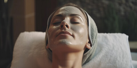 Lifestyle portrait of woman in clay facial mask at luxury spa, Close up, Generative AI
