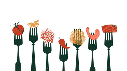 Wall Mural - forks with various food. tomatoes with lemon and shrimp with pepper and salmon. horizontal food desi