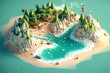 3d isometric anime green or blue beaches with sandy shores, small mountains, trees, rocks. Generative Ai